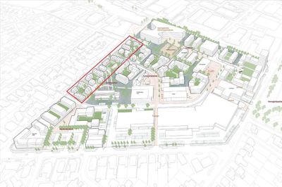 Industriområdet ved Tingvej skal omdannes til en ny bydel med boliger, uddannelse og foretninger. Den første delplan med 55 rækkehuse ligger langs Tingvej og er markeret med rødt. Visualisering: Herning Kommune/Tegnestuen Vandkunsten