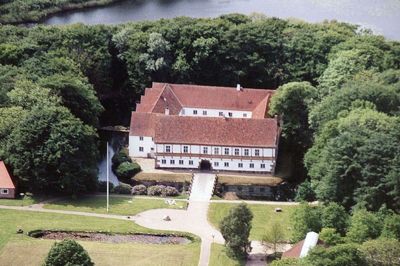 Brejninggaard Efterskole med søen, som en bilist kørte i. Efterskolen søger nu om at få sat hastigheden ned på Brejninggaardvej. Foto: Bertil M. Jeppesen