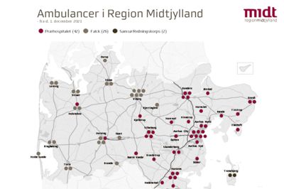 Her på kortet kan man se den kommende ambulancefordeling i Region Midtjylland. Illustration: Region Midtjylland