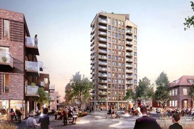 KPC skal bygge et 55 meter højt højhus på sygehusgrunden, men Herning Kommune skal udtænke torvet foran - kaldet »Plusset«. Visualisering: KPC/Årstiderne arkitekter