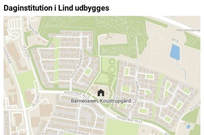 Børneoasens afdeling Koustrupgård bliver udvidet med en pavillon for at skabe plads til mange nye børn. Datawrapper-kort: Kenneth Meinby Sørensen