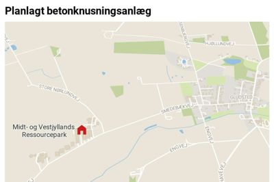 Placeringen af det planlagte nedknusningsanlæg på St. Nørlundvej lige udenfor Gludsted.