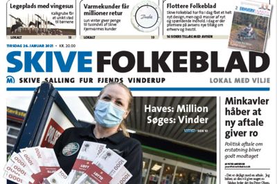 Dagens forside af Skive Folkeblad, som har fået et design i samme stil som Herning Folkeblad og Midtjyllands Avis.
