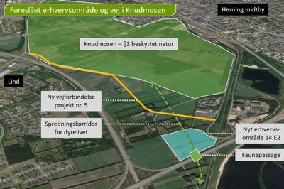 Naboerne fik i 2021 udarbejdet dette kort, som viser det mulige erhvervsområde (blå farve) og den mulige vej (gul) samt den faunapassage (grøn), som de mente kommer i klemme. Dengang blev vejen fjernet fra planen, mens erhvervsområdet blev fastholdt. Det gør det stadig, men en del af arealet nærmest faunapassagen tages ud. Kort: Bevarknudmosen.dk