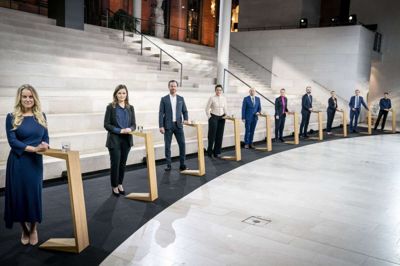 Lederne af Folketingets partier debatterede torsdag coronakrisen på årsdagen for den første coronanedlukning. Det skete på Statens Museum for Kunst i København. Mads Claus Rasmussen/Ritzau Scanpix