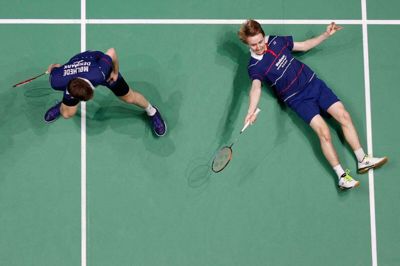 Lasse Mølhede (t.v.) nåede overraskende hele vejen til semifinalerne i All England med sin makker Jeppe Bay. Foto:Ritzau Scanpix