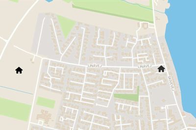 To steder ved Øster Linåvej i Sunds går projektudviklere med planer om at bygge nye boliger, og der er tale om både parcelhuse, rækkehuse og lejlighedsbyggerier i to etager. Datawrapper-kort: Kenneth Meinby Sørensen