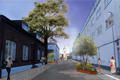 Mindegade får ny belægning, ny beplantning og nyt inventar, så gaden får et løft ligesom de andre sidegader til Hernings gågade. Visualisering: Herning Kommune