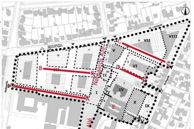 Nye veje skal etableres på sygehusgrunden (med rødt), og Herning Kommune har besluttet, hvad de skal hedde. Nørgaards Alle bliver forlænget gennem området. Kort: Herning Kommune