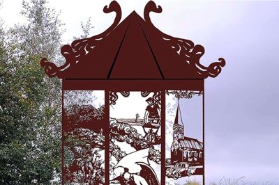 Fortællingernes Tårn er et skulpturelt sammensat kunstværk, der rummer både lys og lyd. Skitse: Steen Rasmussen