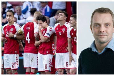 Følelserne er store hos Yussuf Poulsen, Simon Kjær, Thomas Delaney, Andreas Christensen og Jonas Wind mens Christian Eriksen får behandling på græsset. Det forstår sportsredaktør Jørn Just Kristensen godt. Til gengæld forstår han ikke, at holdet kun fik to dårlige valgmuligheder serveret af det europæiske fodboldforbund UEFA. Foto: Liselotte Sabroe/Ritzau Scanpix