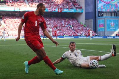 Martin Braithwaite var særdeles aktiv i den danske offensiv. Barcelona-spilleren kom frem til hele otte afslutninger - to flere end hele Belgiens hold. Foto: Ritzau Scanpix