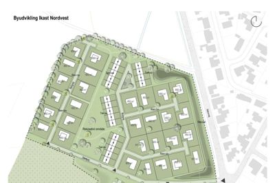 Det indledende planarbejde er sat i gang, så der med tiden kan skabes en ny bydel med i alt 83 boliger nord for Ikast og vest for Tulstrup. Området skal ifølge planen udstykkes med byggegrunde til parcelhuse og til rækkehuse. Det er også tanken at opføre syv etageboliger med lejligheder i den sydlige del af området. Illustration: Indsendt af ansøger til Ikast-Brande Kommune