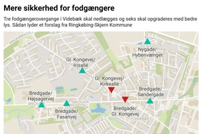 Tre fodgængerfelter rundt i Videbæk foreslåes nedlægges. De øvrige skal gøres mere sikre for fodgængerne at bruge blandt andet med bedre lys. Datawrappergrafik: Jesper Wind Kilde: Ringkøbing-Skjern Kommune