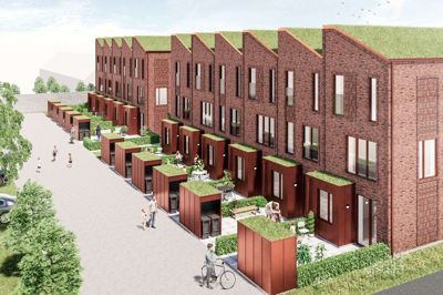 De 11 byhuse får hver deres gårdhave, og på den anden side af vejen er der en overdækket parkeringsplads. Visualisering: Årstiderne Arkitekter