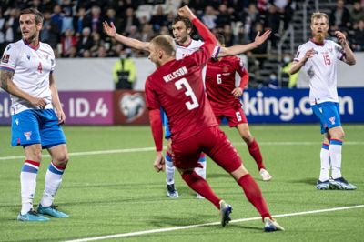 Victor Nelsson jubler efter scoring under VM-kvalifikationskampen mellem Færøerne og Danmark. Foto: Mads Claus Rasmussen/Ritzau Scanpix