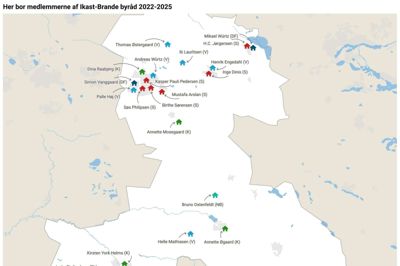 Kommunalvalget skubbede ikke kun ved den partimæssige magtbalance i byrådet, hvor Venstre og Dansk Folkeparti gik tilbage, mens Konservative gik frem og Nye Borgerlige kom ind. Valget skubbede også til den geografiske balance, hvor eksempelvis Blåhøj og Nørre Snede fra årsskiftet ikke længere er repræsenteret af et helt lokalt byrådsmedlem. Datawrapper-grafik: Thomas Vang Nielsen