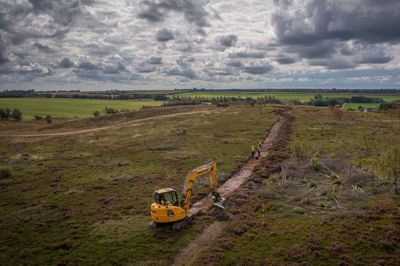 Søgegrøften hen over Kjelderbakke, Øster Lem Hede, hvor arkæologerne har fundet spor af en 5000 år gammel kultplads fra den tidlige stenalder. FOto: Privatfoto