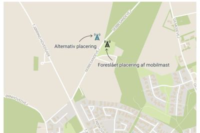 Virksomheden Cibicom ønsker at opstille en mobilmast ved KFUM Spejdercenter nord for Tjørring, men byrådet vil hellere en placering nord for Sebbesandevej. Datawrapper-kort: Kenneth Meinby Sørensen