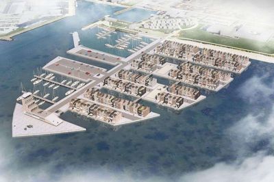 »Raunonia« er titlen på den planlagte ferieby, der skal bygges ud i Ringkøbing Fjord ved byens havn. Projektet venter på tilladelse fra Kystdirektoratet. Skitse: Arkitekt Bo Christensen