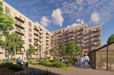En foreløbig visualisering viser, hvordan Holmsø Herning kan komme til at se ud. En fælles gård skal være med til at skabe aktiviteter for beboerne, som blandt andet får adgang til et 150 kvadratmeter stort opvarmet orangeri. Visualisering: Aart Architects