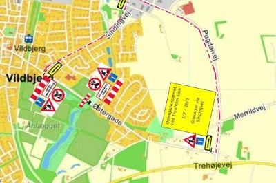 Her kan man se, hvor Østergade bliver spærret. Omkørslen bliver via enten Sindingvej eller Pugdalvej. Illustration: Herning Kommune