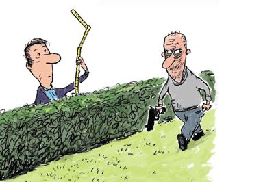 Det påvirker de fleste voldsomt at ligge i konflikt med naboen, alligevel ender mange med at have et uforsonligt forhold til dem, de bor tættest på. Illustration fra bogen: Lars Andersen