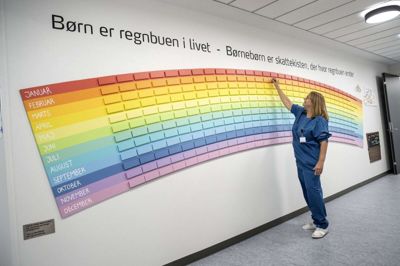 Regnbuen er rykket ind på fødeafdelingen i Gødstrup. Tanken er, at nybagte forældre skal sætte en blomst på dagen, hvor deres søn eller datter kom til verden. Foto: Tom Laursen
