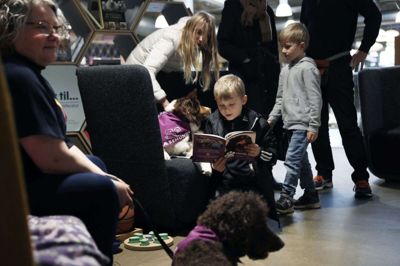 Lasse på otte år læser højt for læsehunden Liva. Lasse går i 2. klasse på Lindbjergskolen i Hammerum, og han har lidt svært ved at læse en gang imellem, fortæller hans mor. Hun er benovet over den ro, det giver Lasse, at læse højt for en læsehund. I forgrunden er det Bettina Lindskou med læsehunden Coco. Foto: Malene Tswai