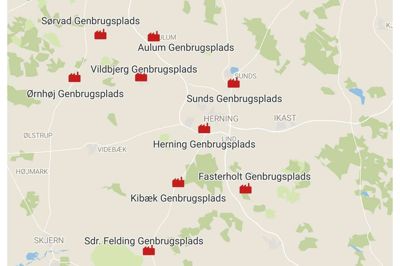 I Herning Kommune ligger der ni forskellige genbrugspladser. Placeringen af dem kan ses her. Datawrapper-grafik: Tobias Tange Jepsen