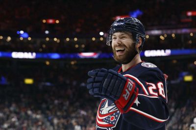 Oliver Bjorkstrand havde en god dag på isen i NHL, da herningenseren var med i fire mål i en 6-4-sejr over Vegas Golden Knights. Foto: Jay Laprete/Ritzau Scanpix