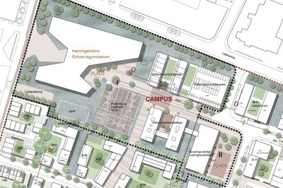 Den nye lokalplan lægger op til, at parkeringspladsen foran Herningsholm Erhvervsgymnasium omdannes, så der kan bygges studieboliger, uddannelseslokaler og et p-hus. Kort: Herning Kommune/Tegnestuen Vandkunsten