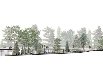 Det runde byggeri »The Shelter« skal placeres i den nordlige del af Deep Forest Art Land - tæt ved den skovsnog, som oprindeligt gav navn til udstillingsstedet. Visualisering: Effekt Arkitekter