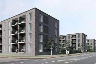 Forslaget lyder på at rive den tidligere dagligvarebutik på Glentevej ned og bygge etageboliger i op til fire etager. Visualisering: Arkitec