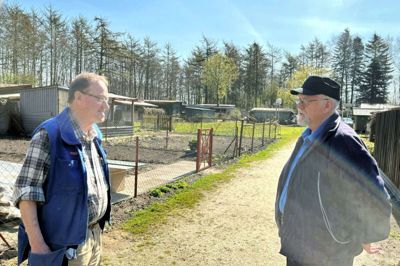 Racefjerkræhaven har ligget i Ydunsparken i 52 år. Men foreningen, der driver haven, kan i år fejre 100-årsjubilæum. På billedet Niels Kristian Ostersen (t.v) og Kenneth Jensen. Foto: Bo Lundgaard