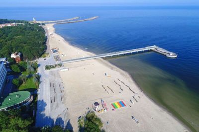 Den brede sandstrand og strandpromenaden i Kolobrzeg er velbesøgte på alle årstider.