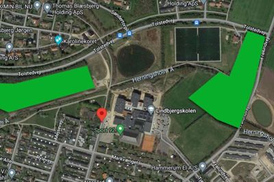 Her er de to placeringer af Spilophuset, som dets forældrebestyrelse har arbejdet med i oplægget om en ny daginstitution i Hammerum-Gjellerup-området. Foto: GoogleMaps