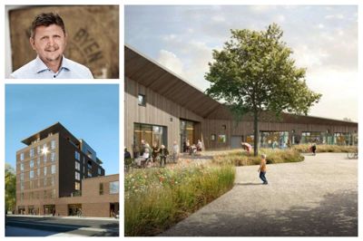 En visualisering af planerne i Kong Gaurs Gård, hvor man vil kombinere plejehjem med daginstitutioner (t.h). Byggeriet i Vejle er hårdt ramt af konkurser. Også et byggeri på Vestergade i Herning bliver ramt. Foto: PR-Foto