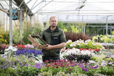 Agurketiden er forbi - i hvert fald hvad salget af agurkeplanter angår her i Gartnerhallen i Snejbjerg, hvor Jesper Pedersen er medindehaver. Men agurker kan man stadig købe. Foto: Malene Tswai