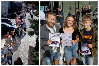 Køen til fribilletterne strak sig hele vejen fra Herning Biblioteks bagindgang til lyskrydset ved Kousgaards Plads. Mark Christensen (t.v.), Freja Damgaard og Mads Christensen nåede lige akkurat at få fingrene i de eftertragtede aften-billetter.Foto: Henrik Ole Jensen