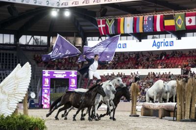 Franskmanden Lorenzo var mange af pubklikums yndlingsdel af showet. Her ses han ridde på oprejst på hesteryg med flag i stedet for tøjler i hænderne. Foto: Malene Tswai