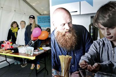 Børns Voksenvenner i Herning har tre frivillige, der sørger for at matche en voksenven med et barn. De er fra venstre Birgit Fristrup, Lisbeth Bjerager og Simone Rasmussen, der her ses i boden på Torvet bag det store reklameskilt for Børns Voksenvenner. Foto: Henrik Ole Jensen