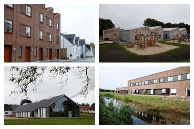 I Skolegade, midt i Herning, er der bygget 11 byhuse. Øverst til venstre ses husene. Byggeriet er nomineret for sin nyfortolkning af det traditionelle byhus, sine gedigne materialer og fine detaljering. Foto: Henrik Ole Jensen