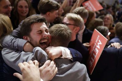 Der var høj stemning hos Socialdemokratiet ved partiets valgfest på Christiansborg. Foto: Nikolai Linares/Ritzau Scanpix
