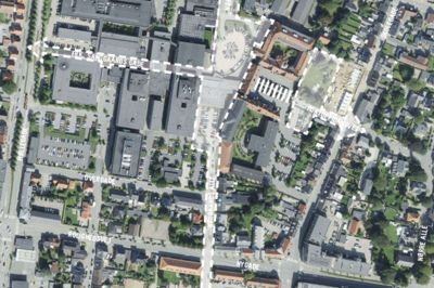 Det centrale, offentligt byrum i den nye bydel på sygehus-grunden skal danne et plus. Kort: Herning Kommune