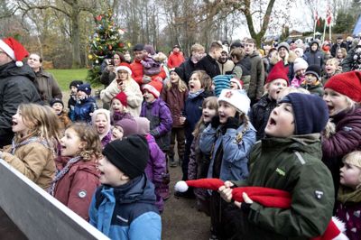 Der var endnu flere børn til at vække julemanden end sidste år. Så der blev råbt igennem, og julemanden kom ned ad stigen og uddelte flødekarameller. Foto: Tom Laursen