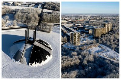 Elia og Herning Towers viser nye sider af selv under det hvide snedække. Drone-fotos: Tom Laursen