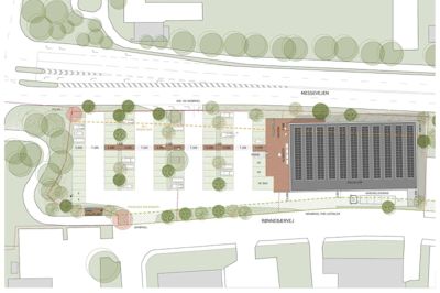 Den kommende Lidl-butik skal efter planen ligge ud til Messevejen ikke langt fra det store kryds ved Dronningens Boulevard og Holstebrovej. Lidl ønsker, at kunderne skal kunne køre direkte ud på Messevejen fra parkeringspladsen, men kommunens trafikfolk foretrækker, at der kun kommer en indkørsel, og at al udkørsel sker til Rønnebærvej. Situationsplan: Herning Kommune/Lidl