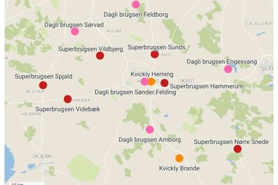 13 lokale butikker er en del af Coops nye omstrukturering - to Kvickly’er, seks Superbrugsen’er og fem Dagli brugsen’er. Grafik: Thor Ølgaard Hansen