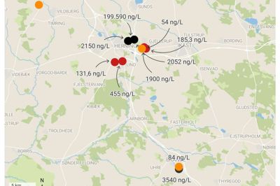 Herning Kommune har et par områder med høj koncentration af PFAS. På kortet ses områderne efter, hvor mange nanogram PFAS der er per liter under jorden. Områderne er primært at finde ved gamle industrigrunde. Grafik: Thor Ølgaard Hansen
